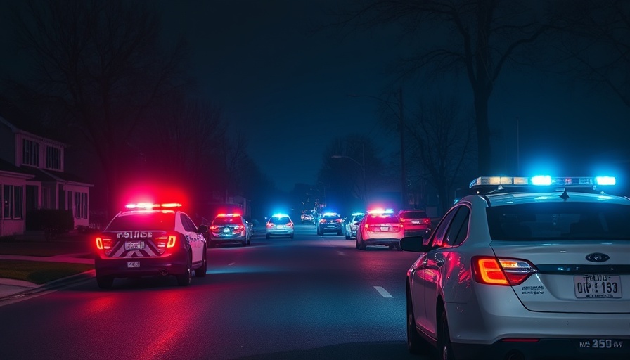 Police cars with flashing lights at night on a suburban street.