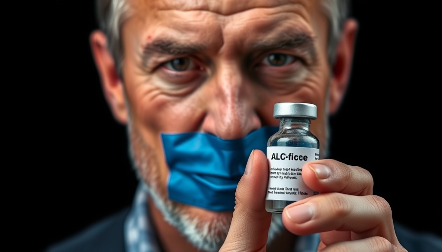Man holding a vaccine vial with blue tape over mouth, vaccine safety and efficacy.