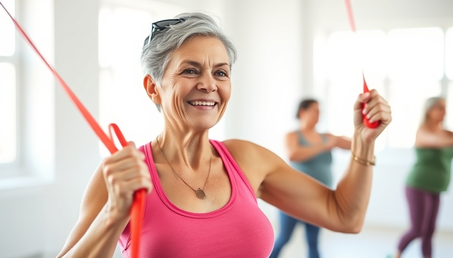 Senior woman exercising with resistance bands, bright studio.