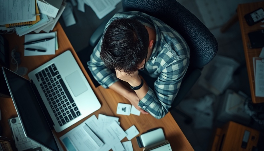 Tired worker at cluttered desk symbolizing workplace exhaustion