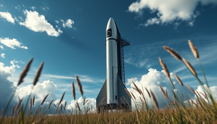 SpaceX Starship launch tower against a blue sky with grass.