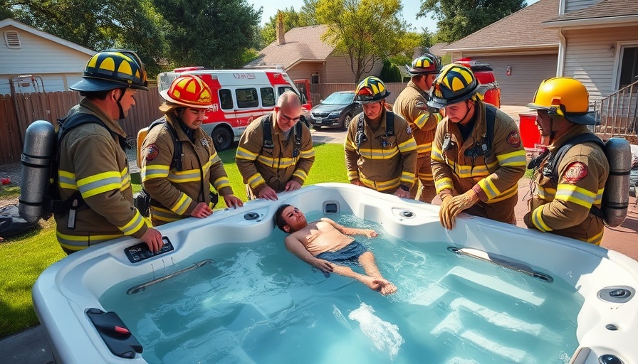 Firefighters conducting a hot tub rescue in a suburban backyard.