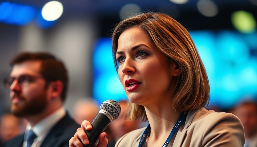 Woman speaking at a conference, engaged and confident expression.