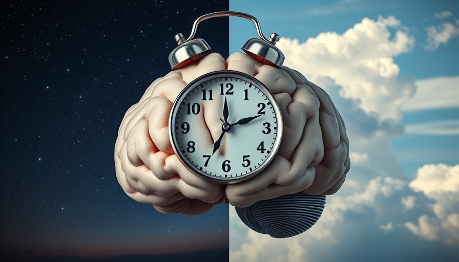 Surreal image of brain with clock symbolizing brain metabolism during sleep.