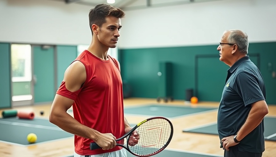 Focused tennis player in an indoor warm-up routine with coach