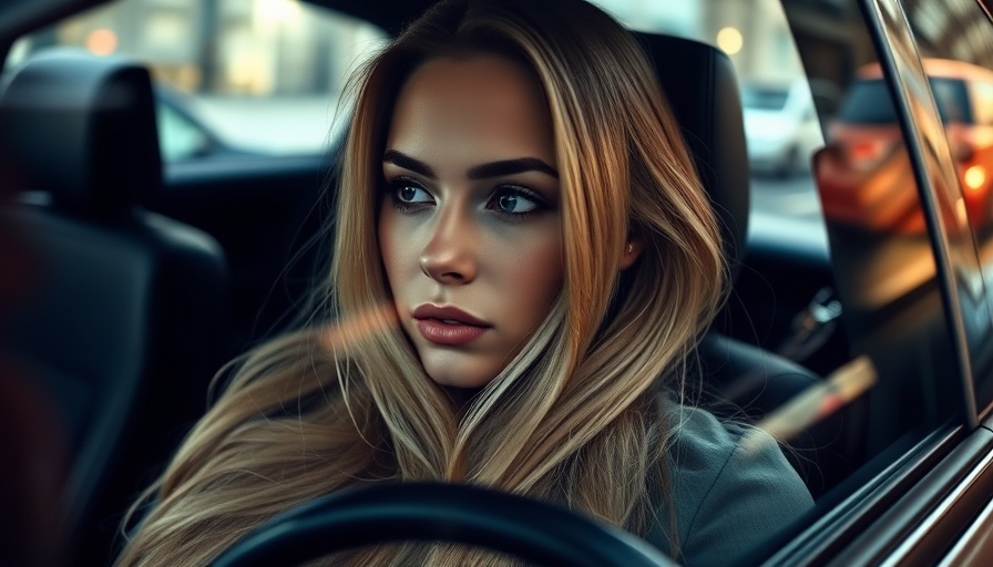 View of woman with blonde hair in a car, reflections on window.