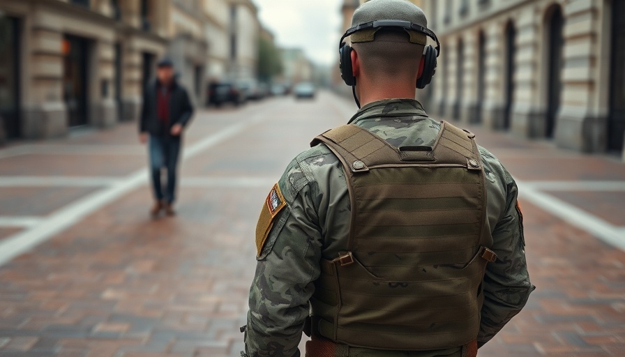 Armed National Guard member patrolling in D.C. with civilian.