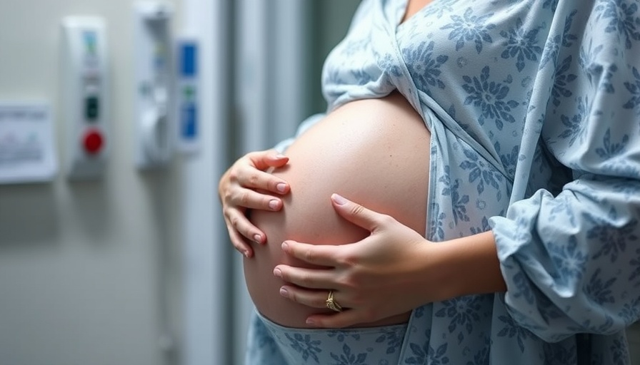 Pregnant woman in hospital gown holding belly, highlighting Mississippi infant mortality crisis.