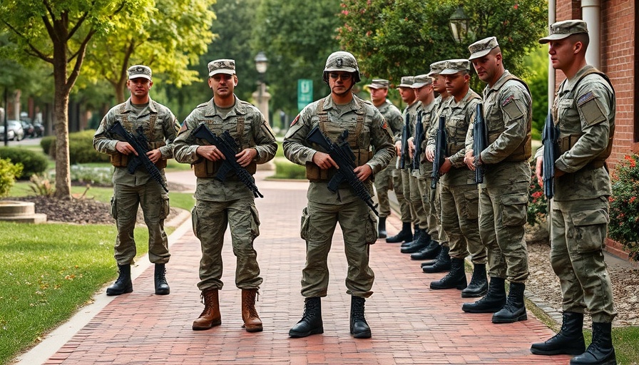 Armed National Guard troops standing on brick path in Washington DC.