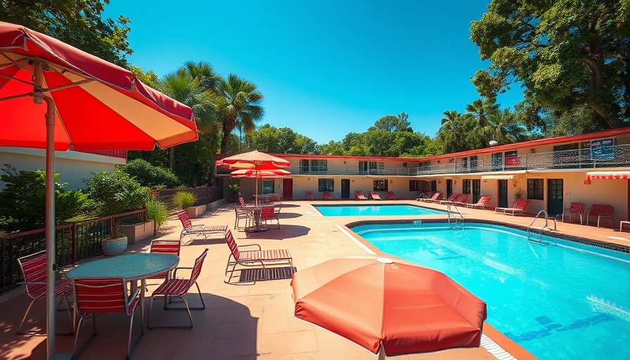 Labor Day weekend events in Austin at a retro motel pool with colorful umbrellas.