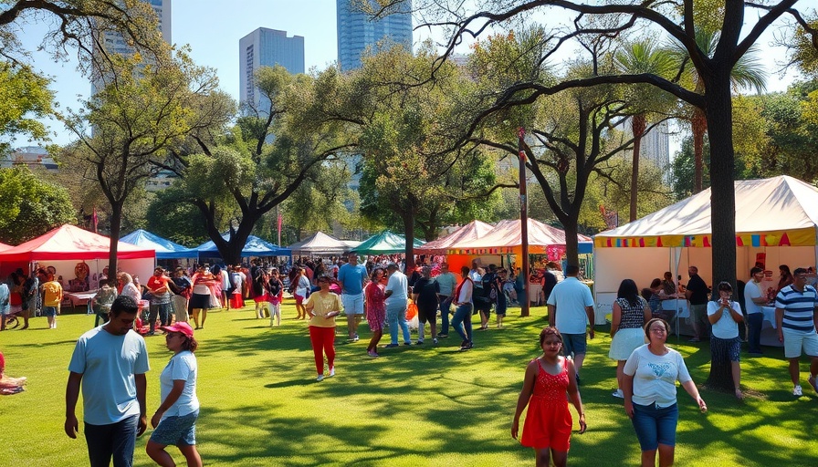 Vibrant Houston park during a free public event, sunny day.
