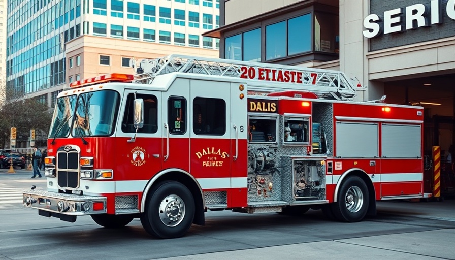 Dallas emergency services fire truck ready for action outside station.