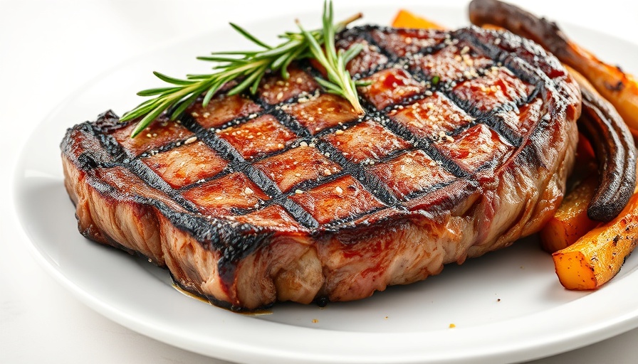 Grilled steak with rosemary and vegetables, depicting animal protein and cancer risk.