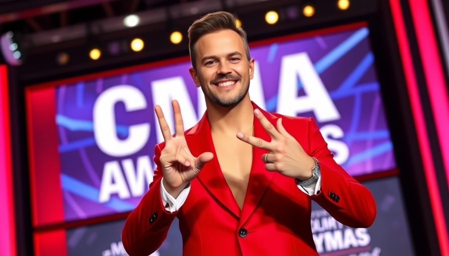 Man in red suit at CMA Awards posing for photos.