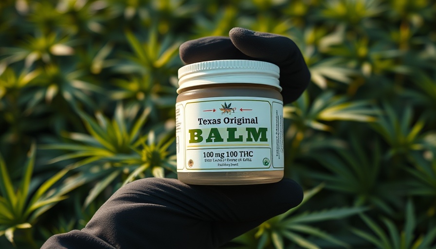 Texas medical cannabis balm held in a field of cannabis plants.