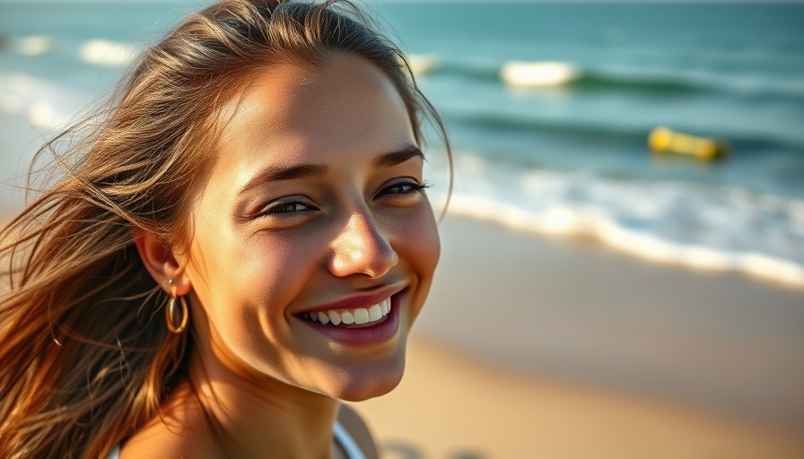 Smiling woman by the ocean, serene scene