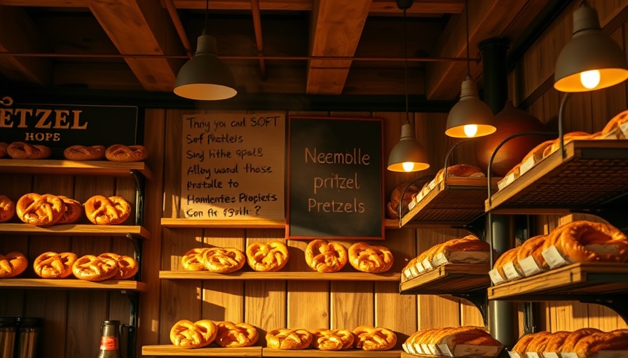 Interior of artisan soft pretzel shop with rustic decor and baked pretzels.