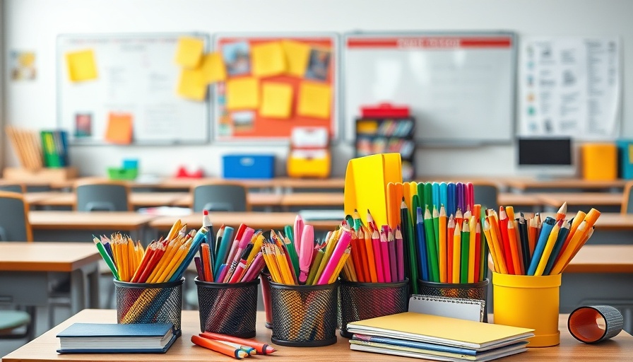 Colorful classroom supplies neatly arranged, emphasizing education tools.