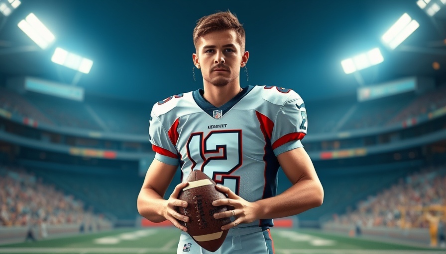 Young QB in football gear stands confidently in stadium.