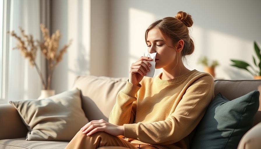 Woman managing allergies indoors with tissues on a sofa.