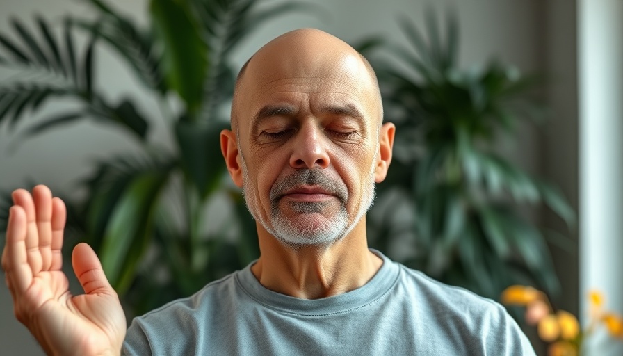 Older man practicing breathing exercise for senior mental wellness.