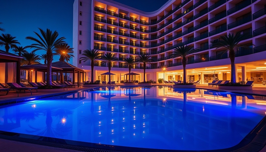 Modern hotel pool area for college football season stay.