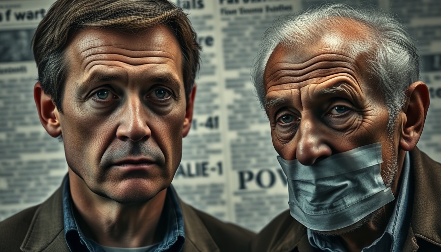 Middle-aged man and older man with tape, somber expressions, photo montage.