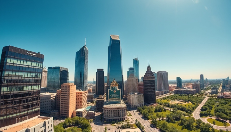 Dallas skyline with skyscrapers under a clear blue sky, dallas business news.