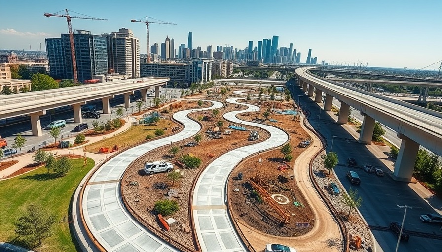 Aerial view of Dallas deck park construction with skyline.