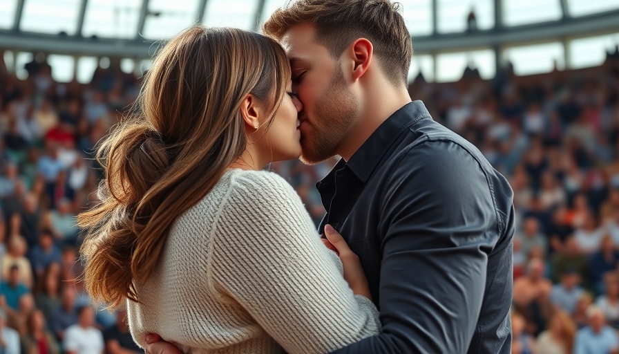 Couple kissing in stadium, Taylor Swift and Travis Kelce engagement.