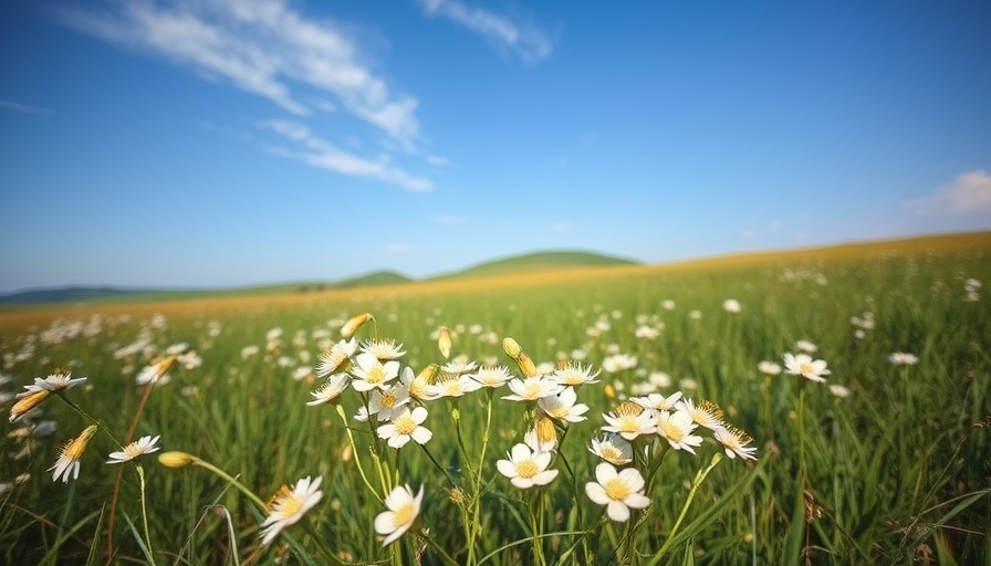 White wildflowers at Bear Creek in Texas state parks under a blue sky.