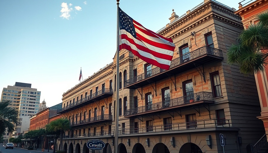 Historic Crockett Hotel with American flag in San Antonio business news.