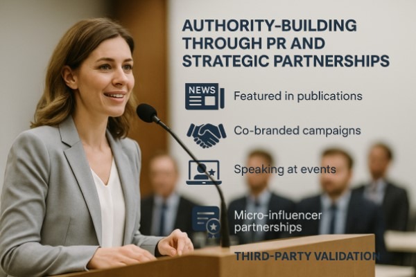 Authority-building through PR and strategic partnerships.