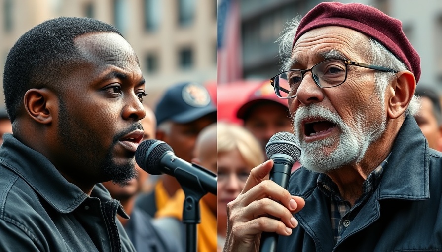 Contrasting portraits discussing crime solutions at public event.