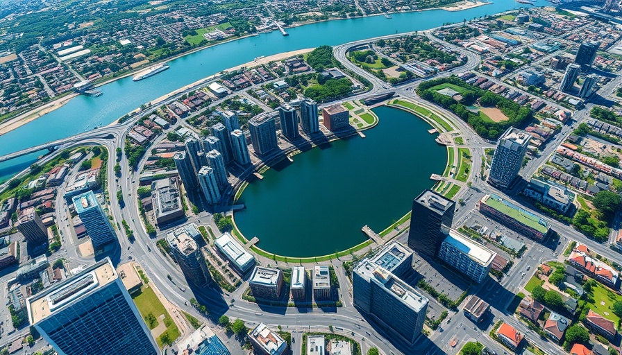 Aerial view of Houston business district with modern buildings and lake.