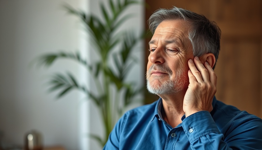 Middle-aged man demonstrates jaw relaxation for mental wellness.