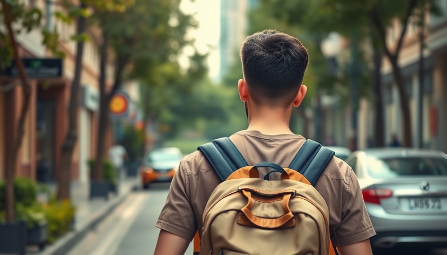 Young person in street, backpack causing discomfort.