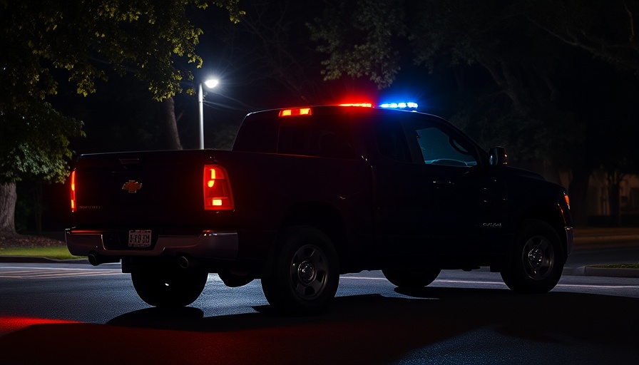 Police lights illuminate a truck at a night scene in San Antonio local news event.
