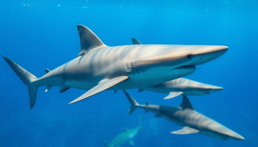 Sharks swimming elegantly in clear blue ocean waters.