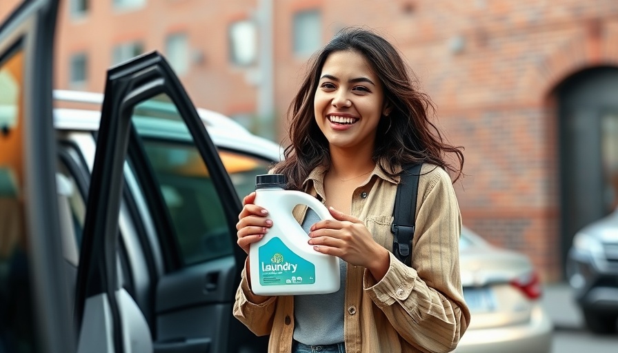 Athlete smiling with laundry detergent exiting vehicle promoting clean sports.