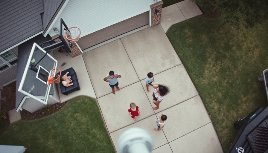 Overhead view of a family on a driveway captured by security camera.