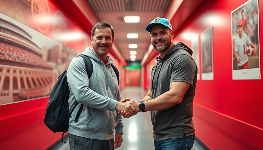 Men shaking hands in a stadium hallway under red lights.