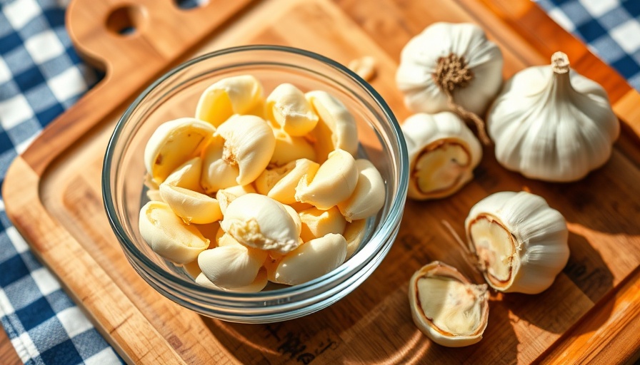 Garlic cloves in glass bowl on cutting board highlighting health and wellness garlic benefits.
