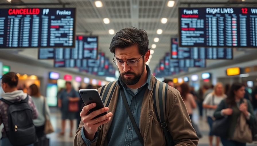 Frustrated traveler at airport during Delta Air Lines flight cancellations.