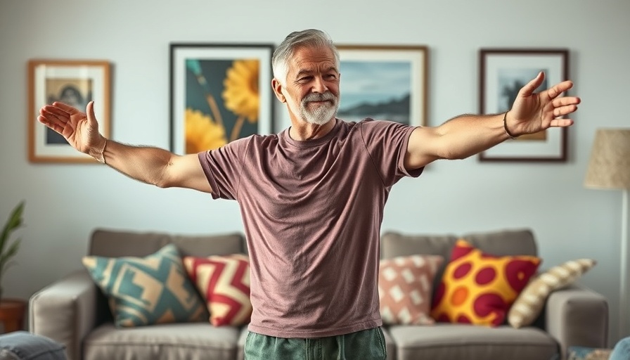 Stretching for mental wellness in seniors, man demonstrating at home.
