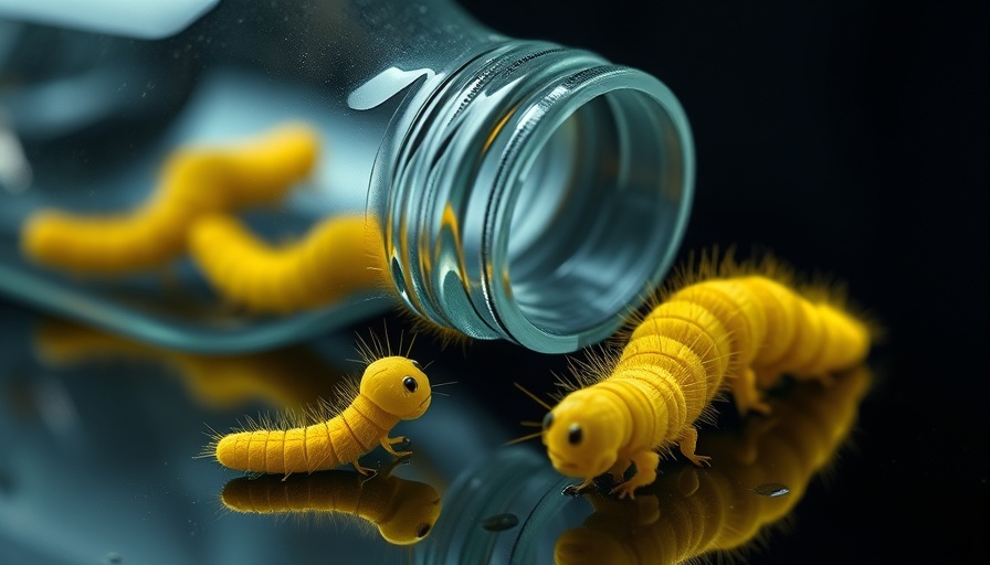 Plastivore caterpillars explore plastic bottle on dark surface.