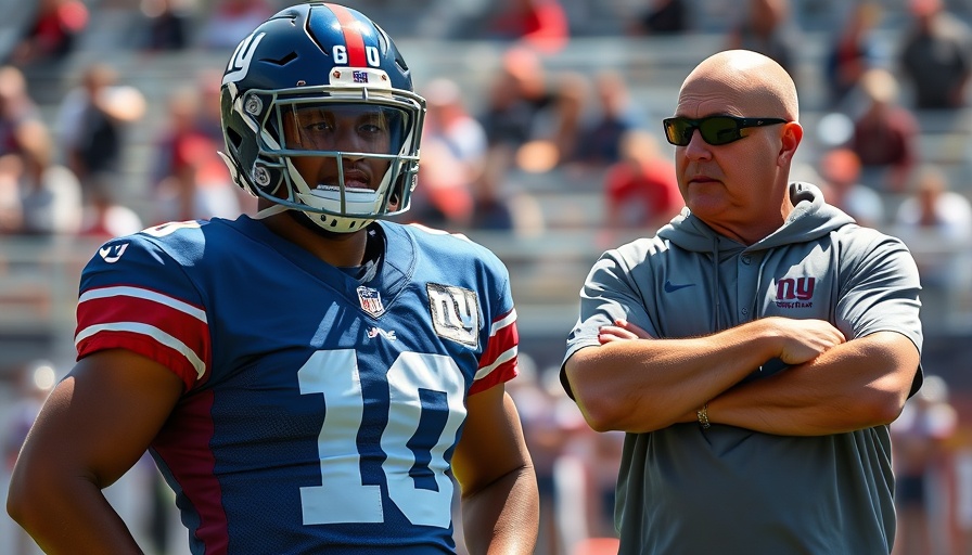 Giants player and coach discussing on training field.