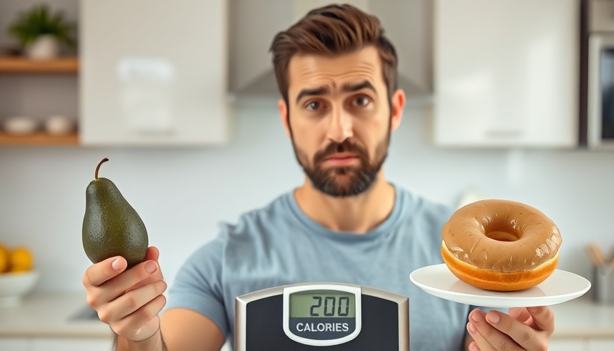 Man points at scales with avocado and donut, each 200 calories, illustrating biggest weight loss lie.