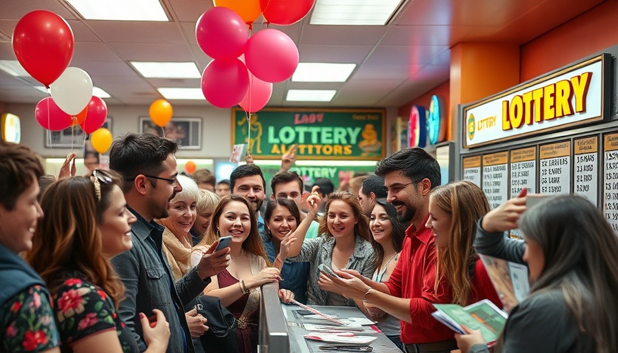 Excited crowd at Tennessee lottery counter with cash exchanges and Powerball sign.