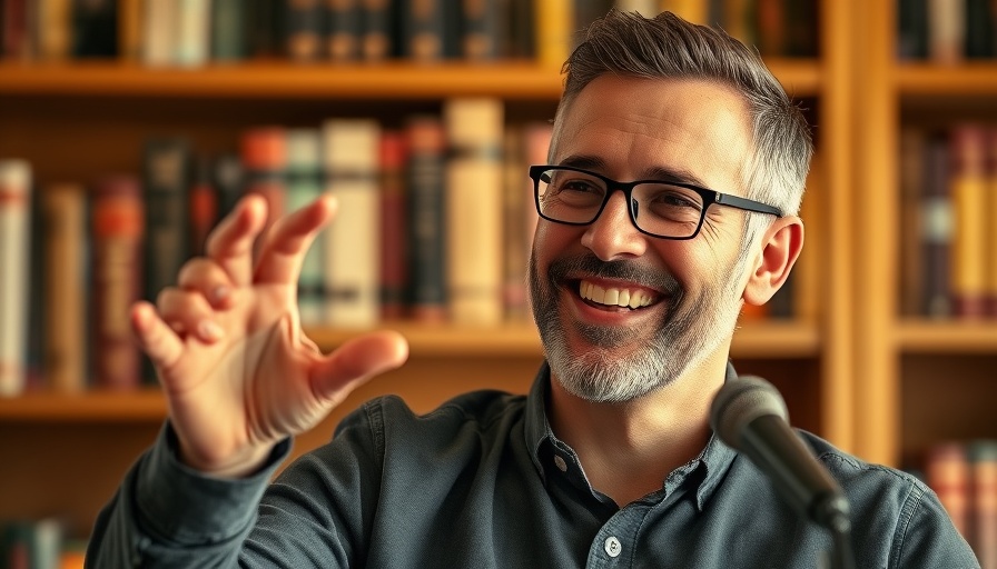 Smiling man explains topic with engaging gesture in a cozy setting.